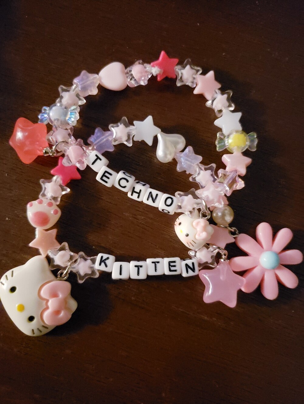 Handmade Pink Kawaii Hello Kitty Techno Kitten Charm Kandi Bracelet Set